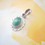 Fan shape frame with green malachite, precious 925. sterling silver pendant