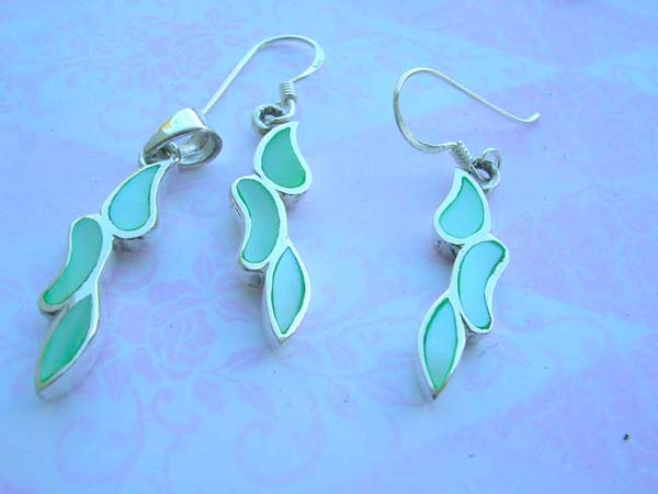 Marquise motif green seashell, high polished 925 sterling silver jewelry set