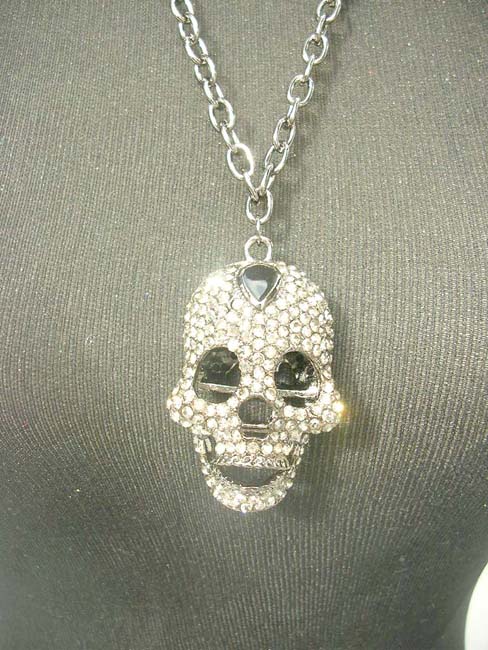 Skull rinhestone fashion long necklace, hip hop bling bling iced out jewelry