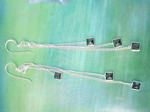925 sterling silver earring with long chain square black cz, made in Thailand