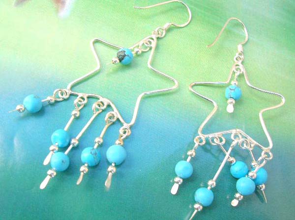 made in Thailand, Star turquoise fringe ,925 sterling silver earring