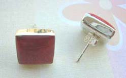 Studs red coral square, 925 sterling silver earring
