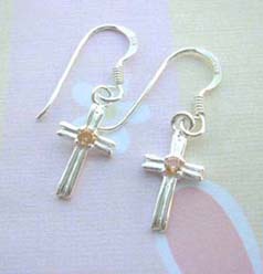 Religious citrine cz cross, 925 sterling silver earring