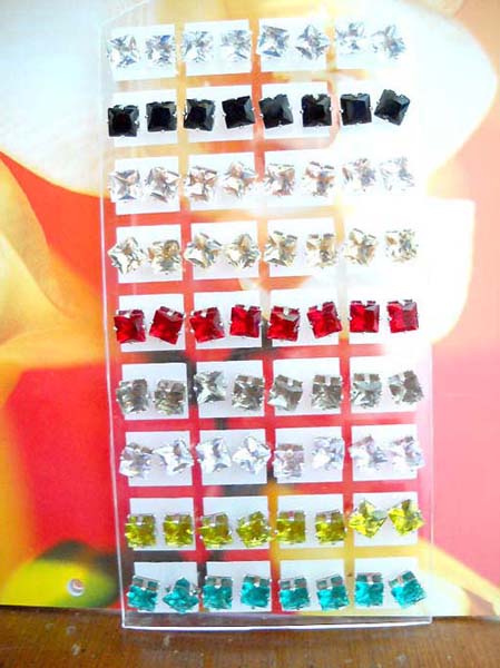 Square shape cubic zirconia ear studs with display stand, costume jewelry wholesalers