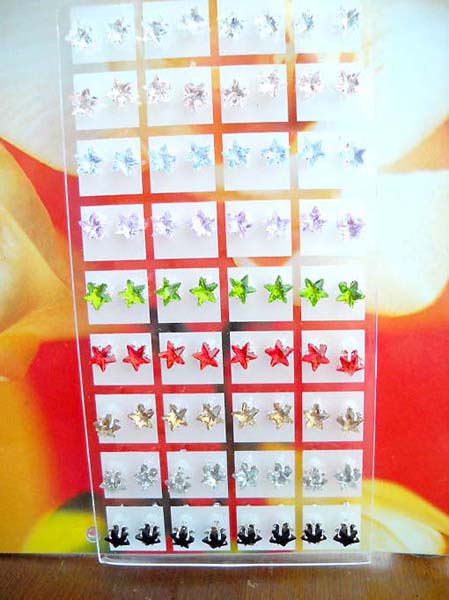Star shape cubic zirconia ear studs with display stand, designer costume jewelry wholesale