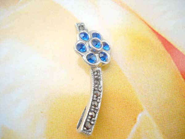  Marcasite stone long pendant with blue cz flower, genius 925. sterling silver pendant, wholesale jewelry