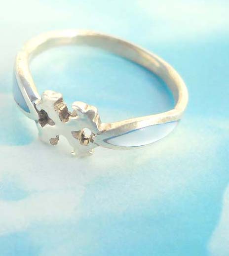 Collectible stamped 925 sterling silver letter X ring with blue seashell inlay