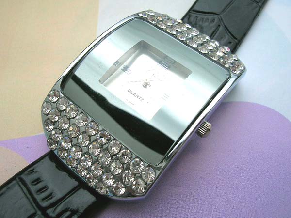 Fancy black wrist watch with rhinestone on top and bottom of the clock face, wholesalers watches