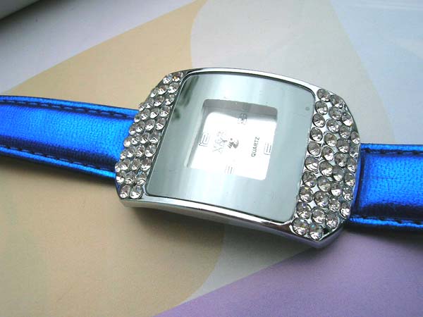 Fancy blue wrist watch with rhinestone on top and bottom of the clock face, china wholesale watches