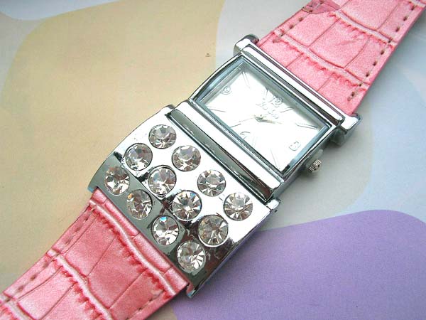 Fancy pink wrist rectangular watch with rhinestone decor, wholesale designer watches