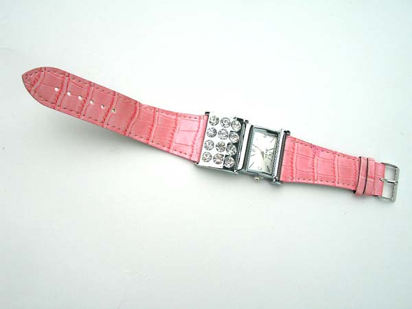 Fancy pink wrist rectangular watch with rhinestone decor, wholesale designer watches