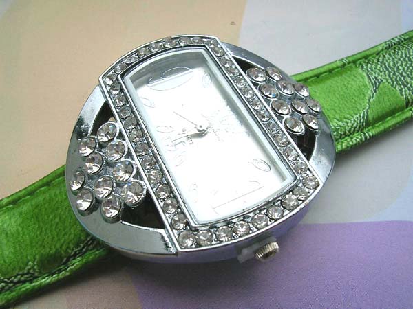 Circular new age green watch with clear cubic zirconia decor around, cheap watches wholesale