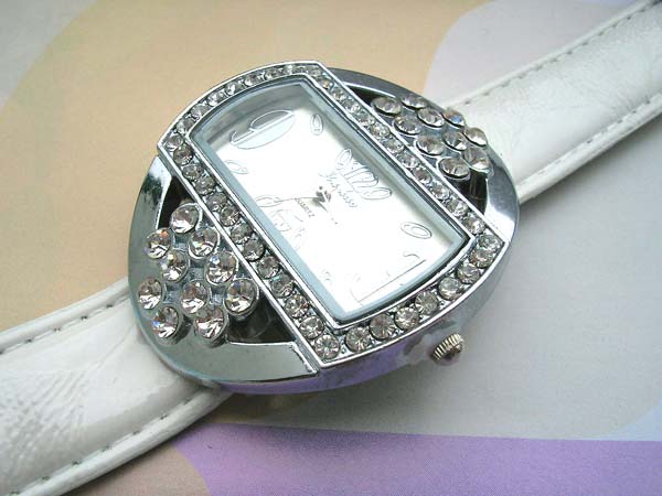 Circular new age white watch with clear cubic zirconia decor around, discount watches supplier