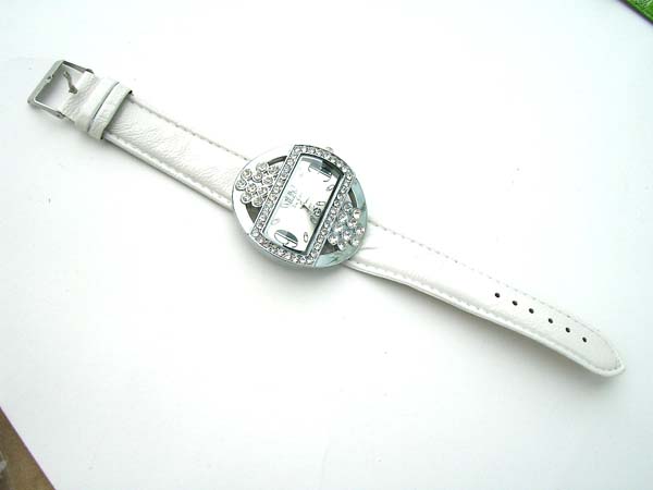 Circular new age white watch with clear cubic zirconia decor around, discount watches supplier