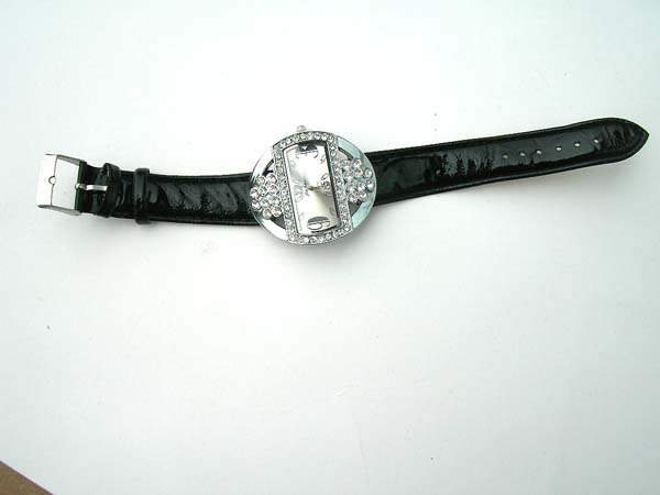 Circular new age black watch with clear cubic zirconia decor around, wholesale wrist watch