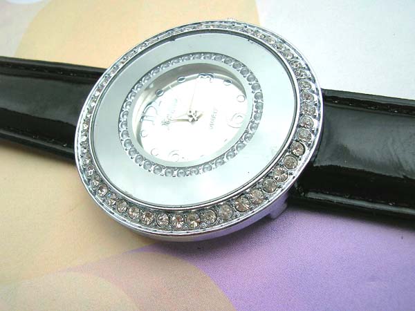 Double chain clear cz circular black watch, wholesale watches in usa