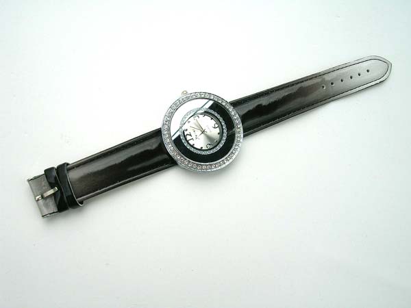 Double chain clear cz circular black watch, wholesale watches in usa