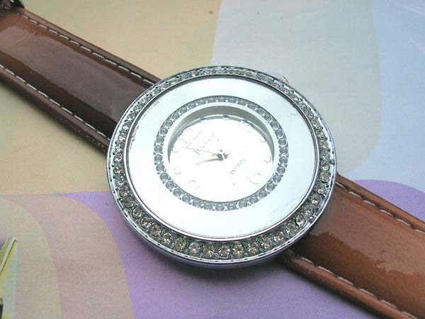 Double chain clear cz circular brown watch, cell phone watches wholesale
