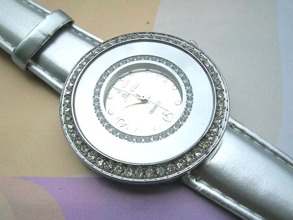 Double chain clear cz circular silver watch, watches at wholesale prices