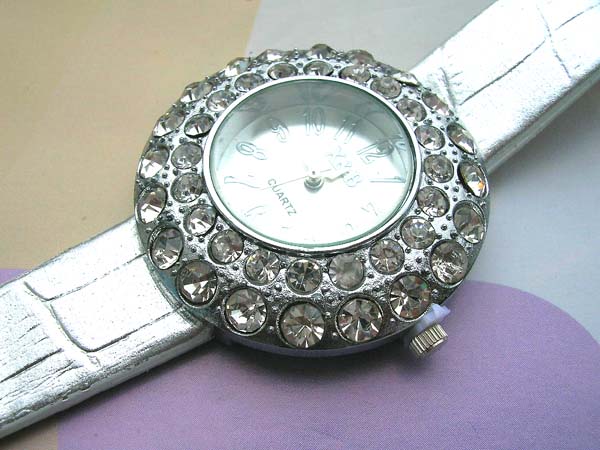 Clear rhinestone wrap around on clock face silver watch, wholesale western watches