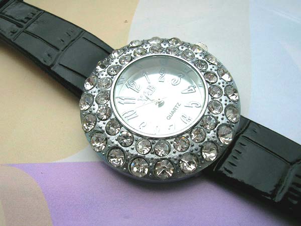 Clear rhinestone wrap around on clock face black watch, wholesale watches for sale