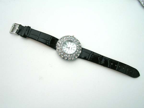 Clear rhinestone wrap around on clock face black watch, wholesale watches for sale